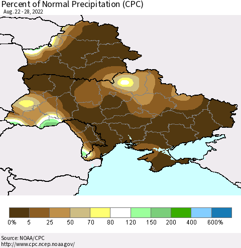 Ukraine, Moldova and Belarus Percent of Normal Precipitation (CPC) Thematic Map For 8/22/2022 - 8/28/2022