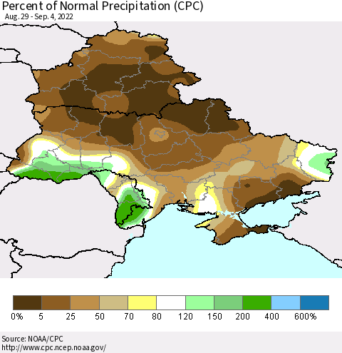 Ukraine, Moldova and Belarus Percent of Normal Precipitation (CPC) Thematic Map For 8/29/2022 - 9/4/2022