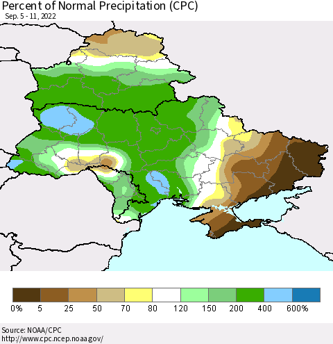 Ukraine, Moldova and Belarus Percent of Normal Precipitation (CPC) Thematic Map For 9/5/2022 - 9/11/2022