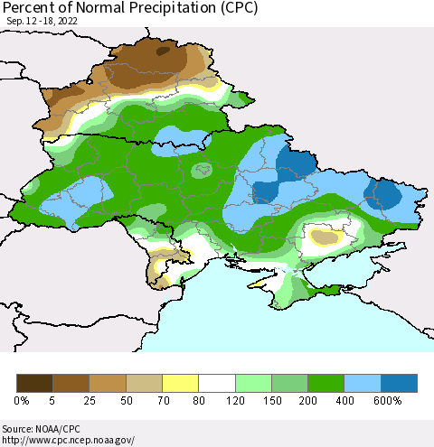 Ukraine, Moldova and Belarus Percent of Normal Precipitation (CPC) Thematic Map For 9/12/2022 - 9/18/2022
