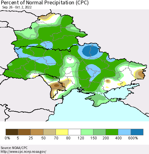 Ukraine, Moldova and Belarus Percent of Normal Precipitation (CPC) Thematic Map For 9/26/2022 - 10/2/2022