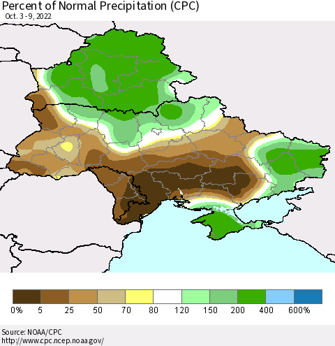 Ukraine, Moldova and Belarus Percent of Normal Precipitation (CPC) Thematic Map For 10/3/2022 - 10/9/2022