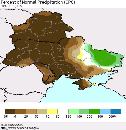 Ukraine, Moldova and Belarus Percent of Normal Precipitation (CPC) Thematic Map For 10/10/2022 - 10/16/2022