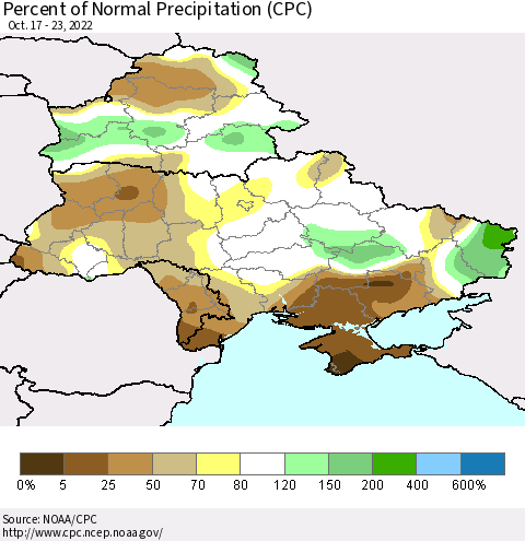 Ukraine, Moldova and Belarus Percent of Normal Precipitation (CPC) Thematic Map For 10/17/2022 - 10/23/2022