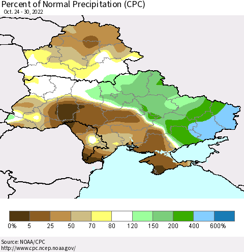 Ukraine, Moldova and Belarus Percent of Normal Precipitation (CPC) Thematic Map For 10/24/2022 - 10/30/2022