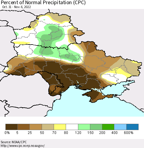Ukraine, Moldova and Belarus Percent of Normal Precipitation (CPC) Thematic Map For 10/31/2022 - 11/6/2022