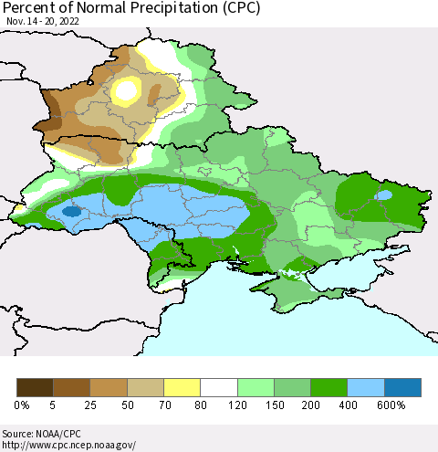 Ukraine, Moldova and Belarus Percent of Normal Precipitation (CPC) Thematic Map For 11/14/2022 - 11/20/2022