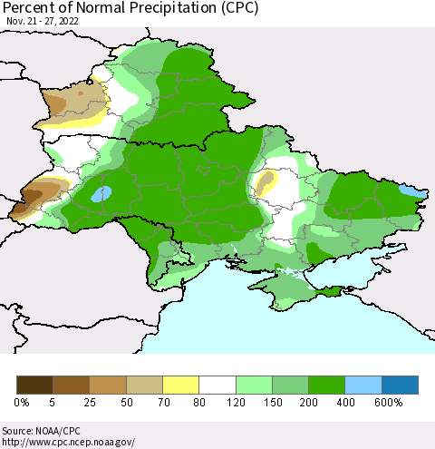 Ukraine, Moldova and Belarus Percent of Normal Precipitation (CPC) Thematic Map For 11/21/2022 - 11/27/2022