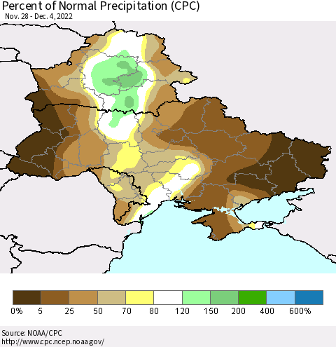 Ukraine, Moldova and Belarus Percent of Normal Precipitation (CPC) Thematic Map For 11/28/2022 - 12/4/2022