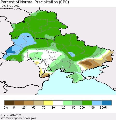 Ukraine, Moldova and Belarus Percent of Normal Precipitation (CPC) Thematic Map For 12/5/2022 - 12/11/2022