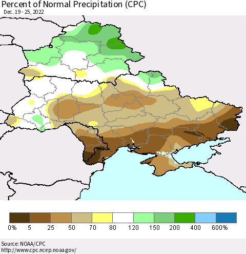 Ukraine, Moldova and Belarus Percent of Normal Precipitation (CPC) Thematic Map For 12/19/2022 - 12/25/2022