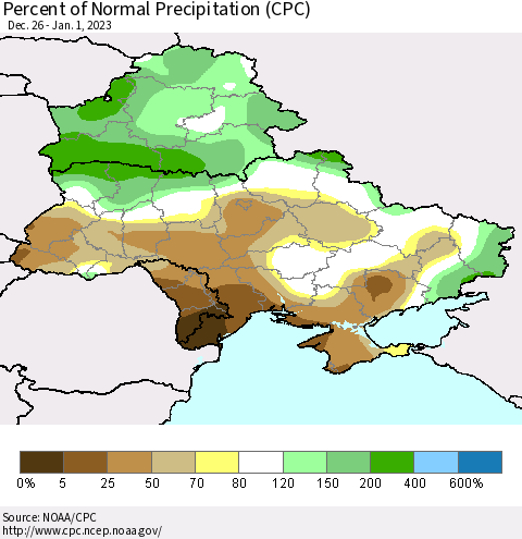Ukraine, Moldova and Belarus Percent of Normal Precipitation (CPC) Thematic Map For 12/26/2022 - 1/1/2023