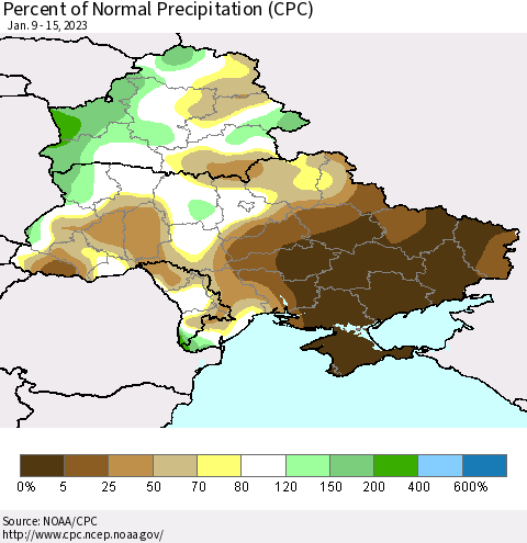 Ukraine, Moldova and Belarus Percent of Normal Precipitation (CPC) Thematic Map For 1/9/2023 - 1/15/2023