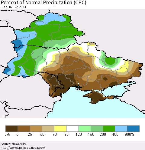 Ukraine, Moldova and Belarus Percent of Normal Precipitation (CPC) Thematic Map For 1/16/2023 - 1/22/2023