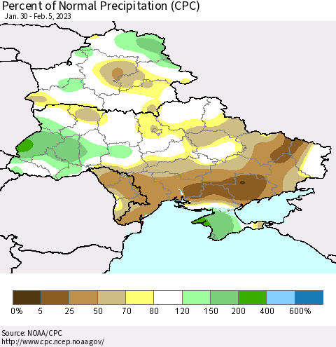 Ukraine, Moldova and Belarus Percent of Normal Precipitation (CPC) Thematic Map For 1/30/2023 - 2/5/2023