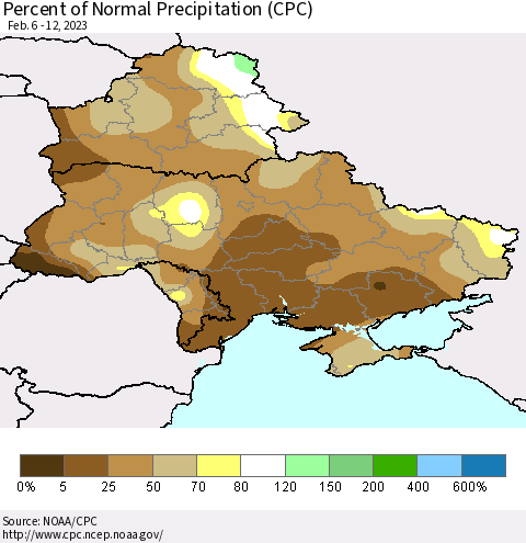 Ukraine, Moldova and Belarus Percent of Normal Precipitation (CPC) Thematic Map For 2/6/2023 - 2/12/2023