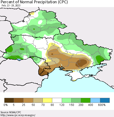 Ukraine, Moldova and Belarus Percent of Normal Precipitation (CPC) Thematic Map For 2/13/2023 - 2/19/2023