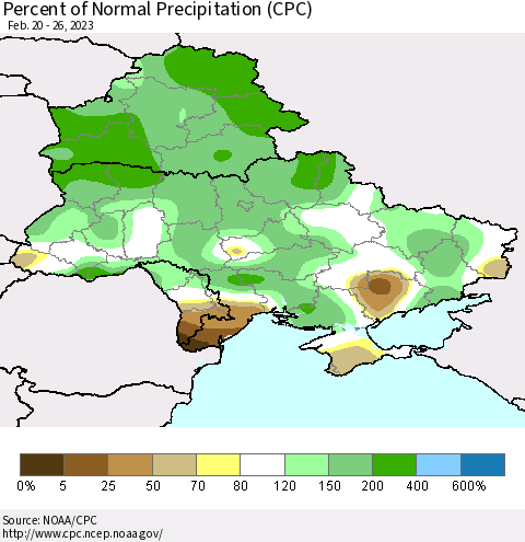Ukraine, Moldova and Belarus Percent of Normal Precipitation (CPC) Thematic Map For 2/20/2023 - 2/26/2023