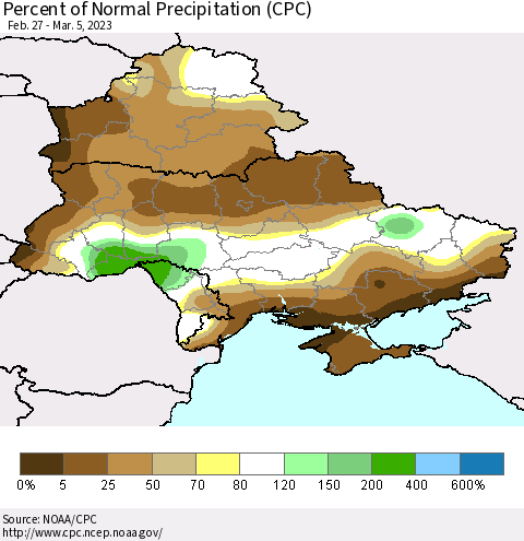 Ukraine, Moldova and Belarus Percent of Normal Precipitation (CPC) Thematic Map For 2/27/2023 - 3/5/2023