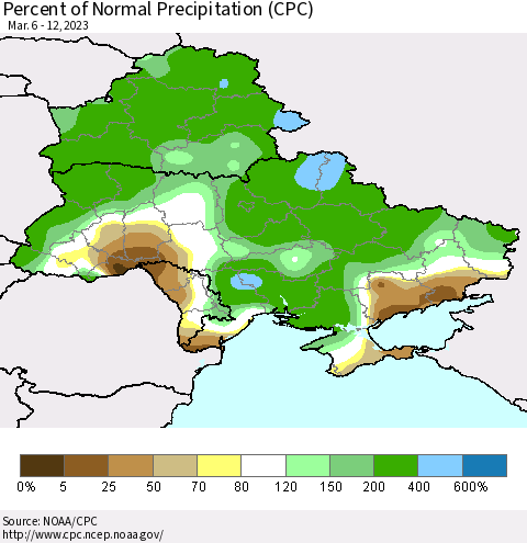 Ukraine, Moldova and Belarus Percent of Normal Precipitation (CPC) Thematic Map For 3/6/2023 - 3/12/2023