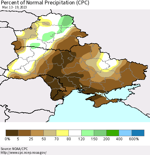 Ukraine, Moldova and Belarus Percent of Normal Precipitation (CPC) Thematic Map For 3/13/2023 - 3/19/2023