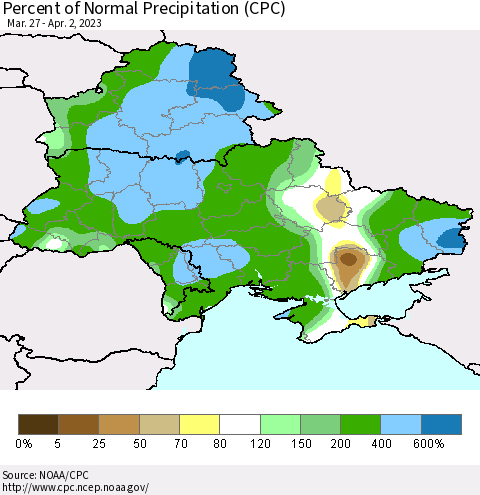 Ukraine, Moldova and Belarus Percent of Normal Precipitation (CPC) Thematic Map For 3/27/2023 - 4/2/2023