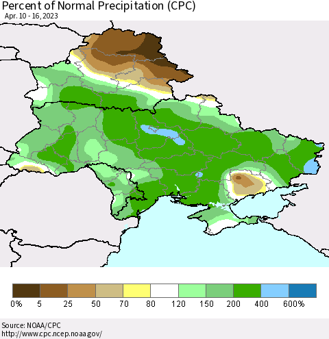 Ukraine, Moldova and Belarus Percent of Normal Precipitation (CPC) Thematic Map For 4/10/2023 - 4/16/2023