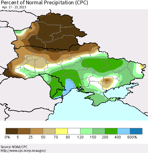 Ukraine, Moldova and Belarus Percent of Normal Precipitation (CPC) Thematic Map For 4/17/2023 - 4/23/2023