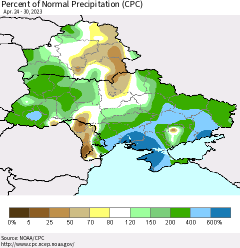 Ukraine, Moldova and Belarus Percent of Normal Precipitation (CPC) Thematic Map For 4/24/2023 - 4/30/2023