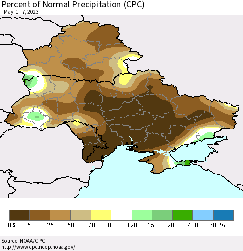 Ukraine, Moldova and Belarus Percent of Normal Precipitation (CPC) Thematic Map For 5/1/2023 - 5/7/2023