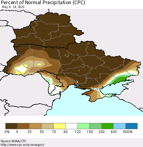 Ukraine, Moldova and Belarus Percent of Normal Precipitation (CPC) Thematic Map For 5/8/2023 - 5/14/2023