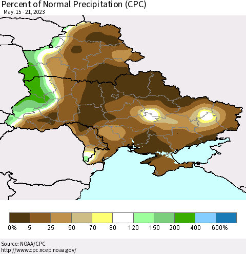 Ukraine, Moldova and Belarus Percent of Normal Precipitation (CPC) Thematic Map For 5/15/2023 - 5/21/2023