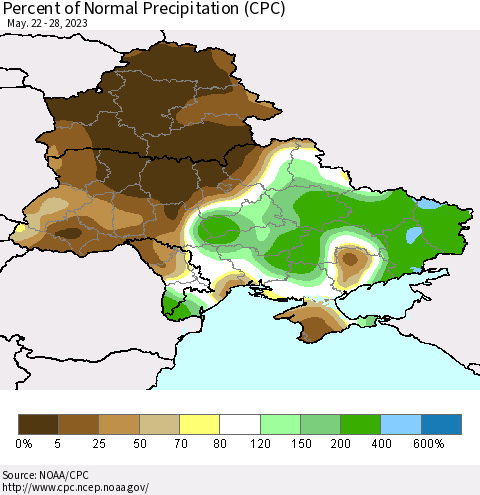 Ukraine, Moldova and Belarus Percent of Normal Precipitation (CPC) Thematic Map For 5/22/2023 - 5/28/2023