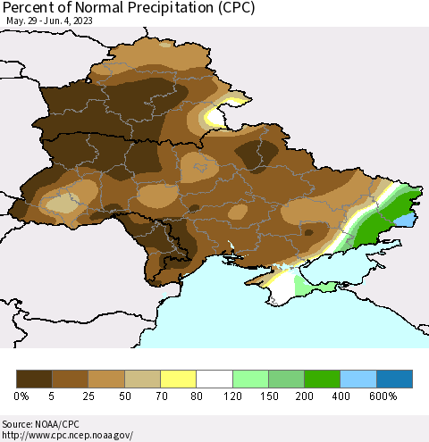 Ukraine, Moldova and Belarus Percent of Normal Precipitation (CPC) Thematic Map For 5/29/2023 - 6/4/2023