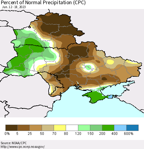 Ukraine, Moldova and Belarus Percent of Normal Precipitation (CPC) Thematic Map For 6/12/2023 - 6/18/2023
