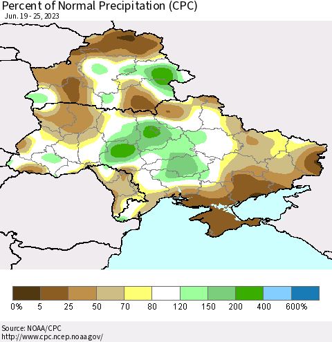 Ukraine, Moldova and Belarus Percent of Normal Precipitation (CPC) Thematic Map For 6/19/2023 - 6/25/2023