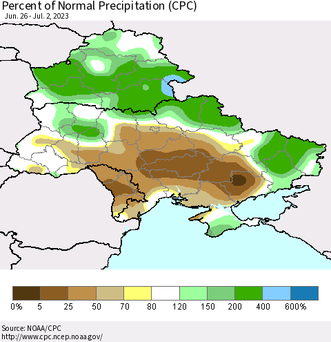 Ukraine, Moldova and Belarus Percent of Normal Precipitation (CPC) Thematic Map For 6/26/2023 - 7/2/2023