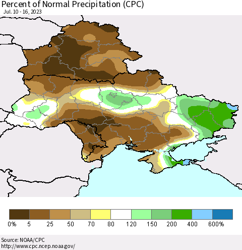 Ukraine, Moldova and Belarus Percent of Normal Precipitation (CPC) Thematic Map For 7/10/2023 - 7/16/2023
