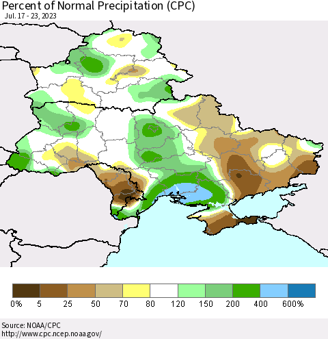 Ukraine, Moldova and Belarus Percent of Normal Precipitation (CPC) Thematic Map For 7/17/2023 - 7/23/2023
