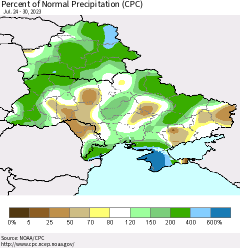 Ukraine, Moldova and Belarus Percent of Normal Precipitation (CPC) Thematic Map For 7/24/2023 - 7/30/2023