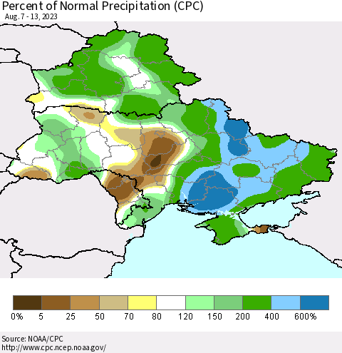 Ukraine, Moldova and Belarus Percent of Normal Precipitation (CPC) Thematic Map For 8/7/2023 - 8/13/2023