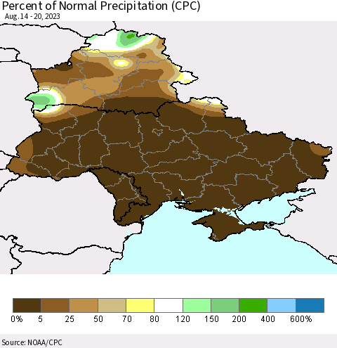 Ukraine, Moldova and Belarus Percent of Normal Precipitation (CPC) Thematic Map For 8/14/2023 - 8/20/2023