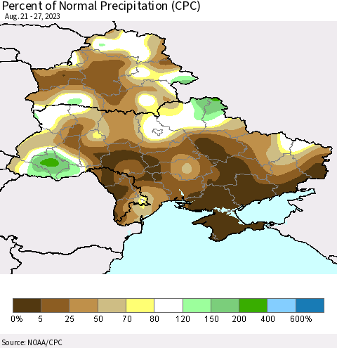 Ukraine, Moldova and Belarus Percent of Normal Precipitation (CPC) Thematic Map For 8/21/2023 - 8/27/2023