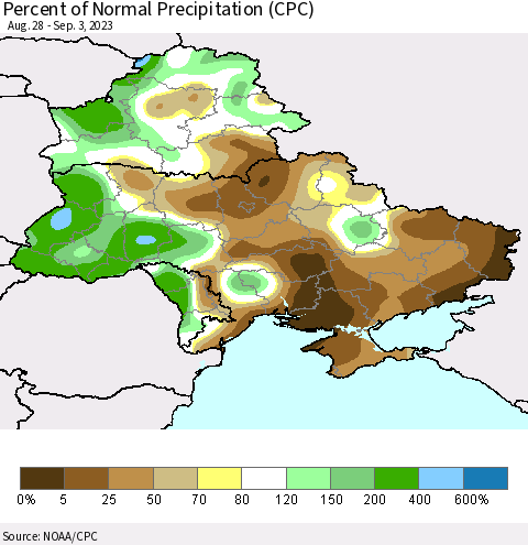 Ukraine, Moldova and Belarus Percent of Normal Precipitation (CPC) Thematic Map For 8/28/2023 - 9/3/2023