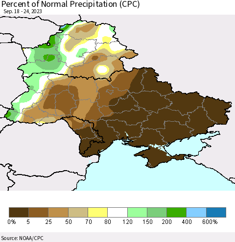 Ukraine, Moldova and Belarus Percent of Normal Precipitation (CPC) Thematic Map For 9/18/2023 - 9/24/2023