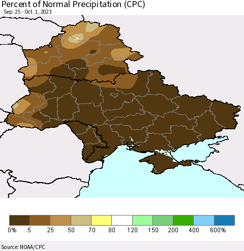 Ukraine, Moldova and Belarus Percent of Normal Precipitation (CPC) Thematic Map For 9/25/2023 - 10/1/2023