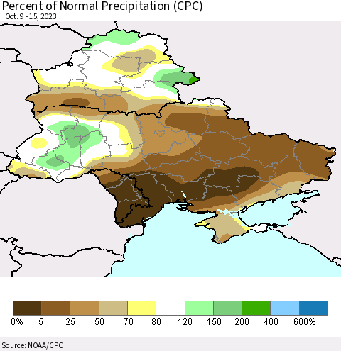 Ukraine, Moldova and Belarus Percent of Normal Precipitation (CPC) Thematic Map For 10/9/2023 - 10/15/2023