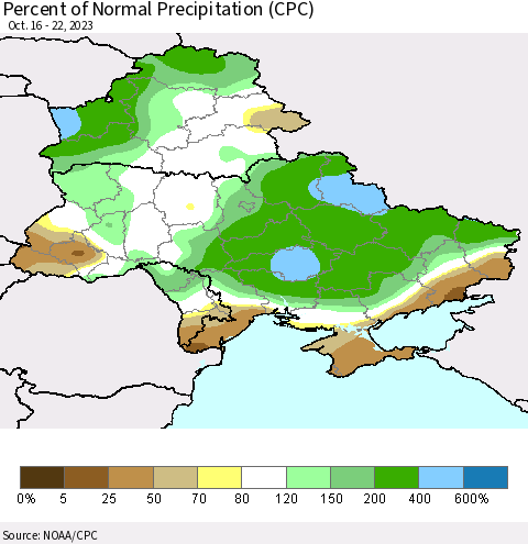 Ukraine, Moldova and Belarus Percent of Normal Precipitation (CPC) Thematic Map For 10/16/2023 - 10/22/2023