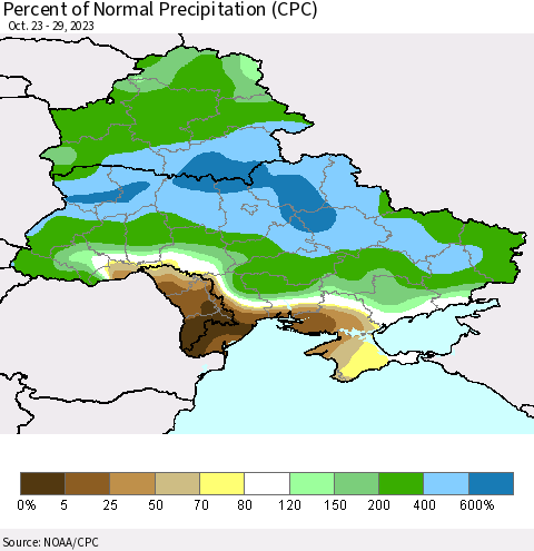 Ukraine, Moldova and Belarus Percent of Normal Precipitation (CPC) Thematic Map For 10/23/2023 - 10/29/2023
