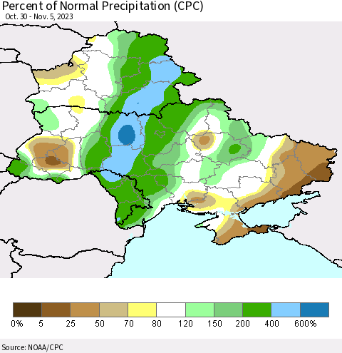 Ukraine, Moldova and Belarus Percent of Normal Precipitation (CPC) Thematic Map For 10/30/2023 - 11/5/2023